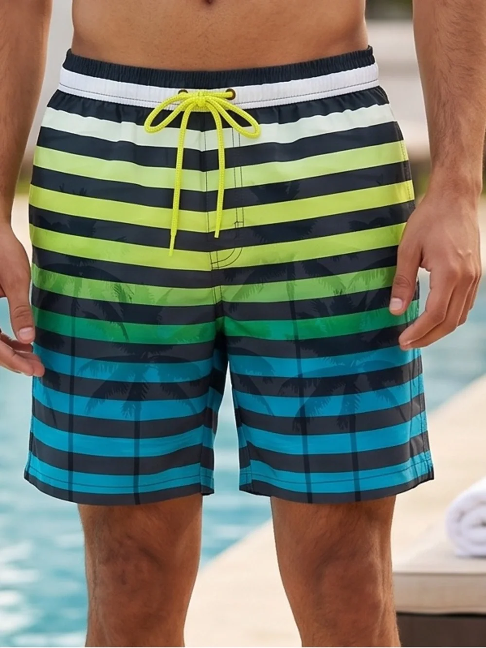 NWT L Hot Coals Men's Striped Lined Swim Trunks in Green & Blue